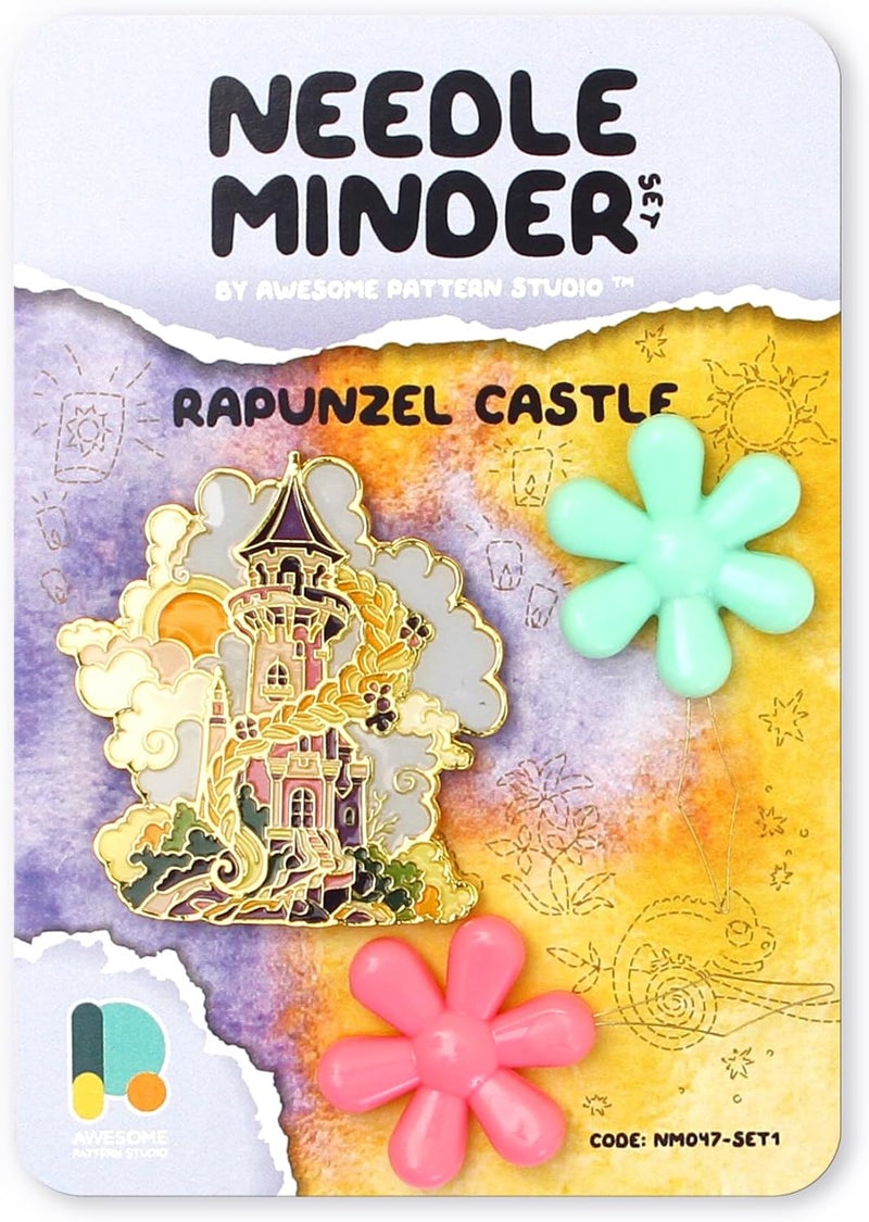 Awesome Pattern Studio Needle Minder Set - Rapunzel Castle Magnetic Needle Minder + 2 Needle Threaders. Enamel Pin for Cross Stitch, Embroidery and Craft - Image 1